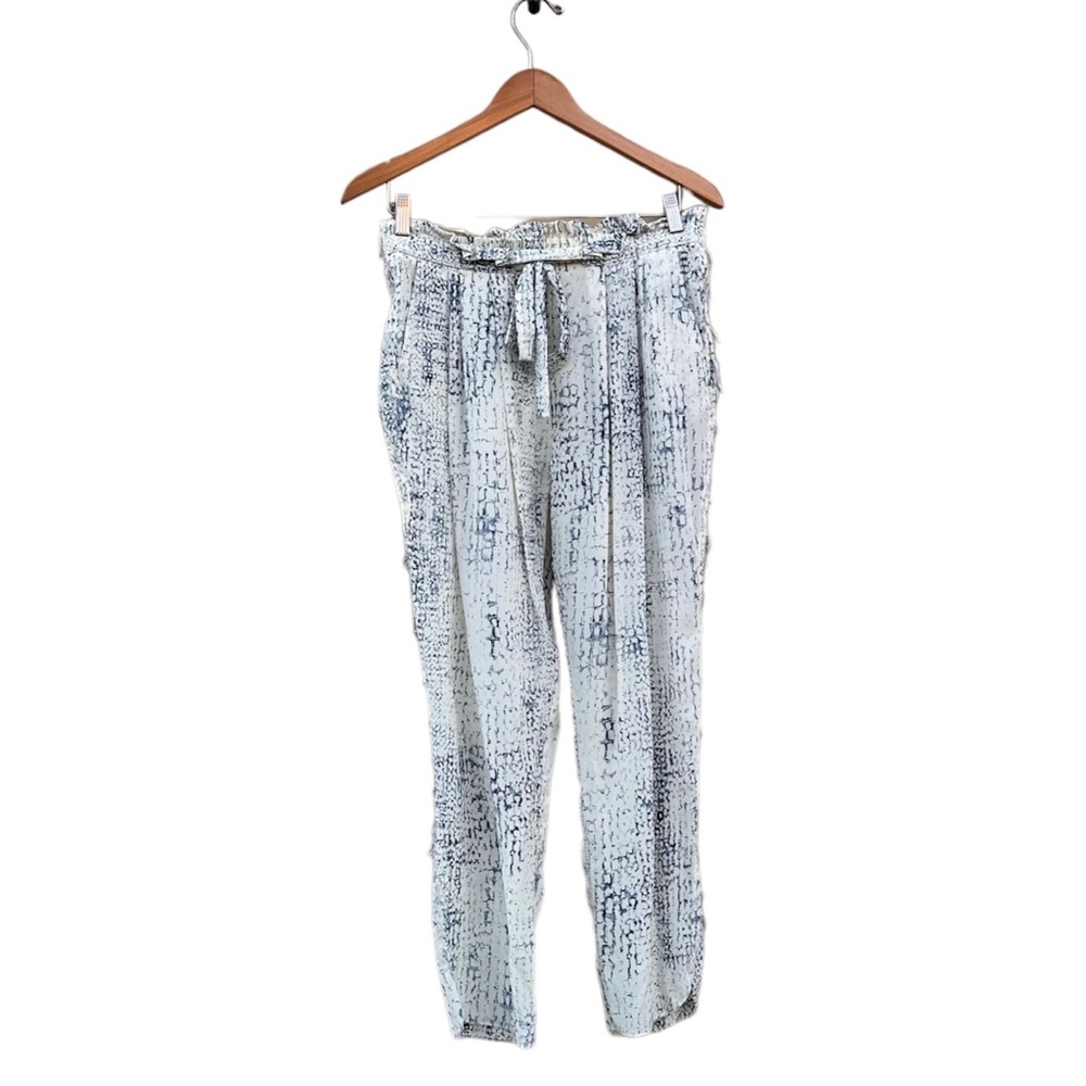 Ramy Brook New York Allyn Paperbag Waist Pants Blue White Silk Fringe Edge Small